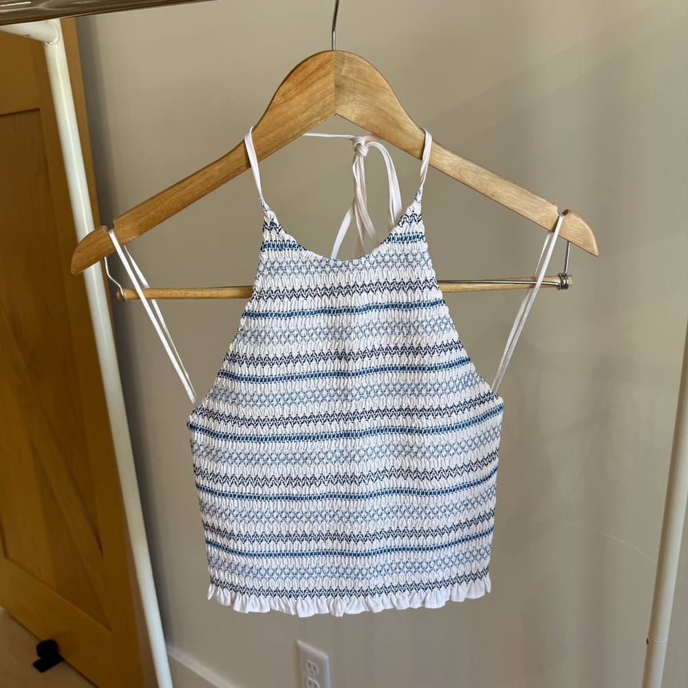 Zara Blue and White Shirred Halter Top Backless